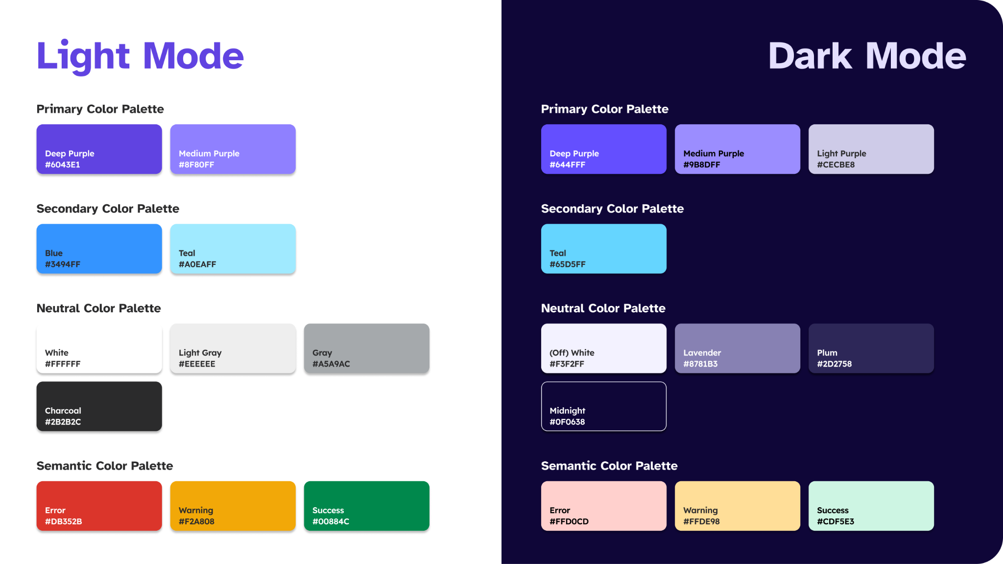 Both dark mode and light mode color palettes