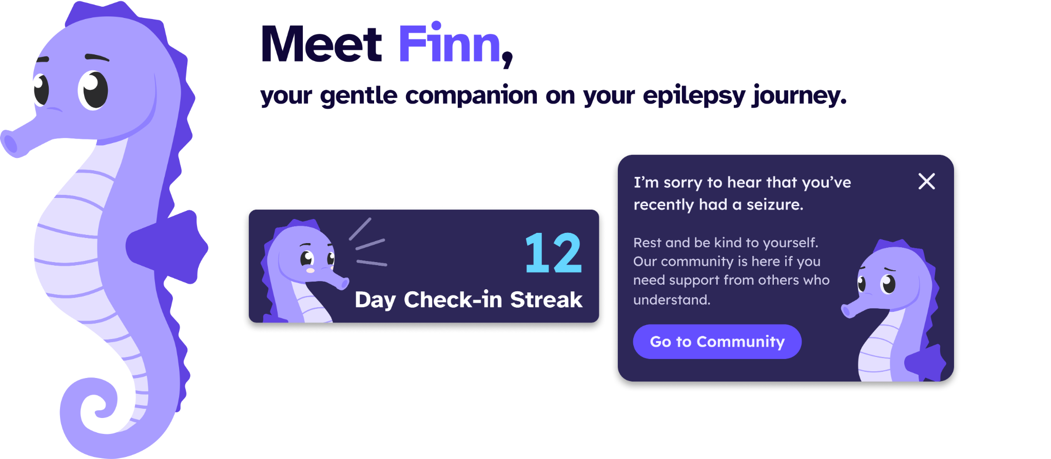 Finn the Seahorse mascot, your gentle companion on your epilepsy journey.