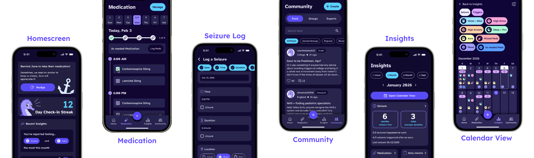 UX design diagram showing the different features and screens of the app including: homescreen, medication, seizure log, community, insights, and calendar view